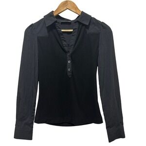 Robertson & Rodeo Mixed Media Top Womens Small‎ Black Ribbed Knit Button V-Neck